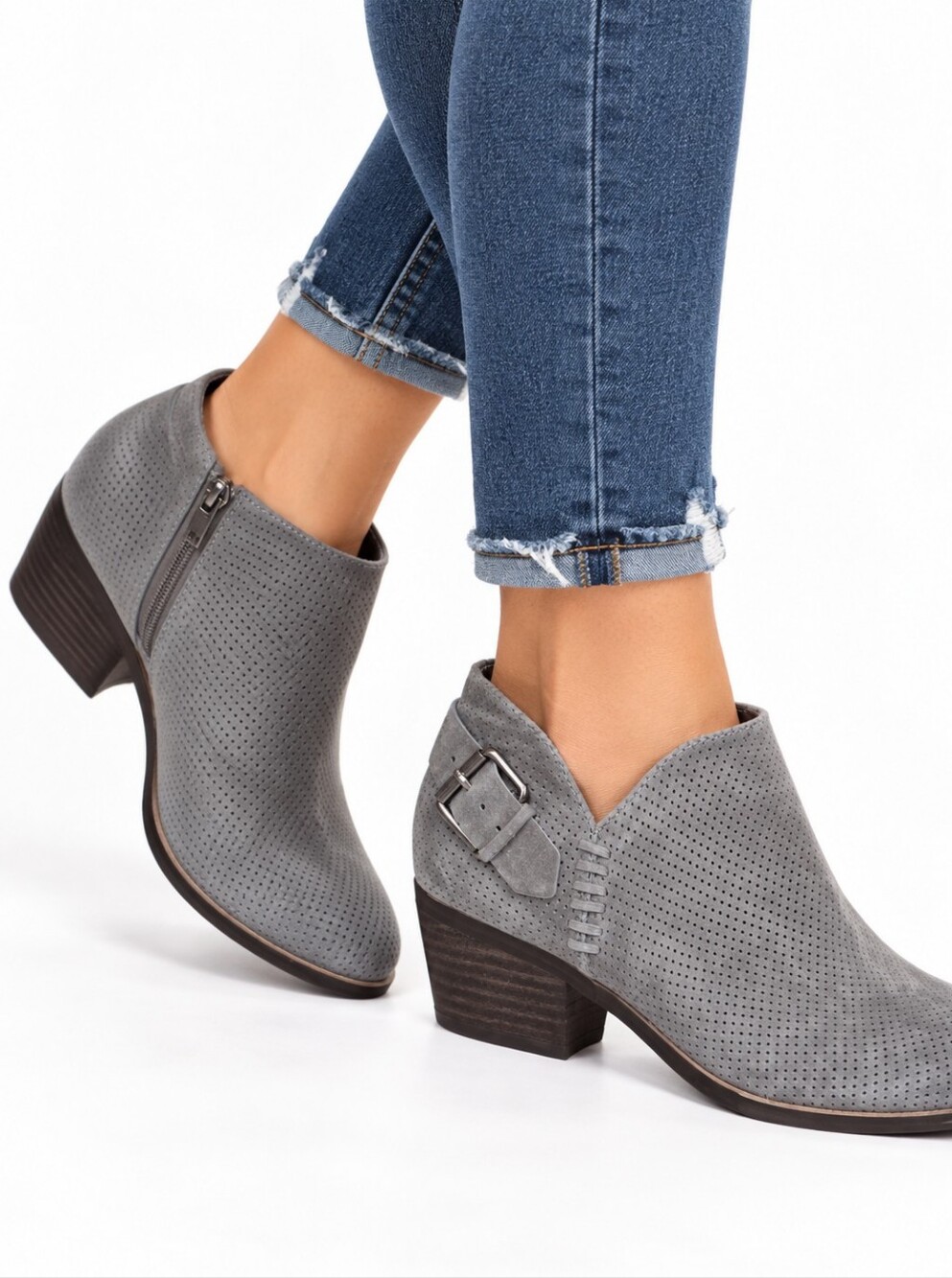 Vince Camuto Gray Suede Perforated Ankle Booties Buckle Zip Block Heel 8